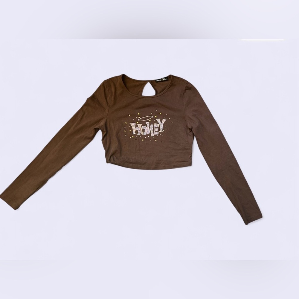 SHEIN Y2K “Honey” Rhinestone Crop Top — Brown Long Sleeve Size Medium - Picture 4 of 6